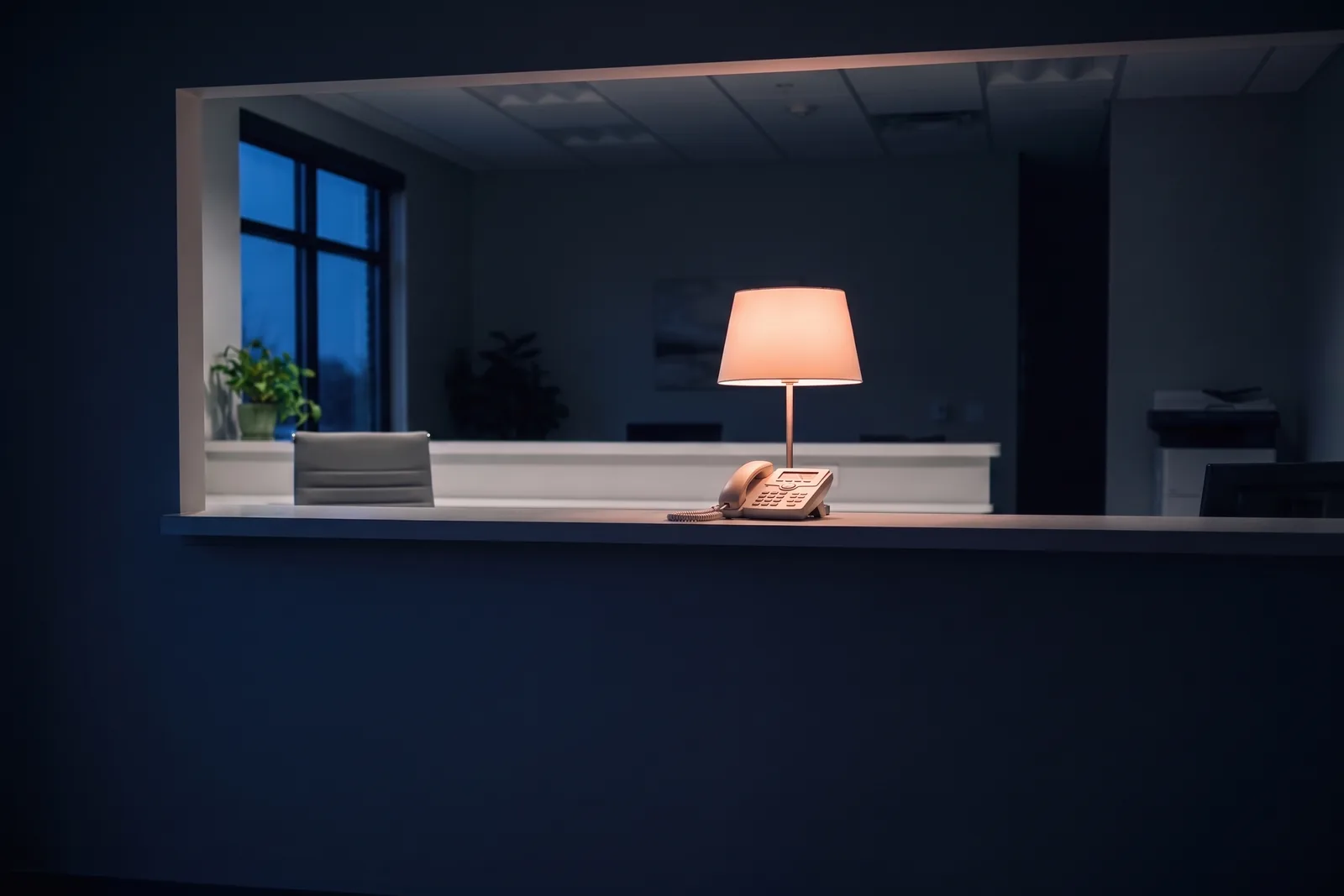 An empty dental front desk at dusk, the phone under a single warm lamp