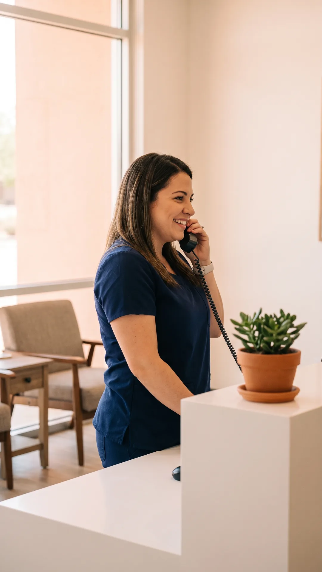 A dental front desk coordinator answering the phone at a bright reception counter