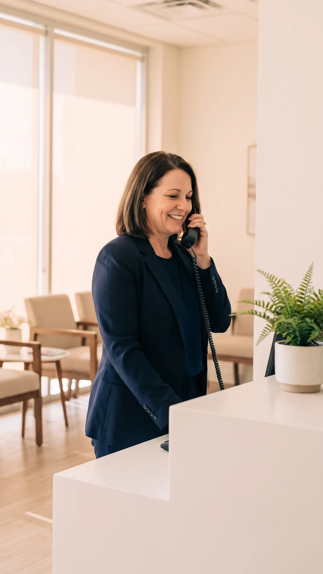 A clinic front desk coordinator answering the phone at a calm reception counter